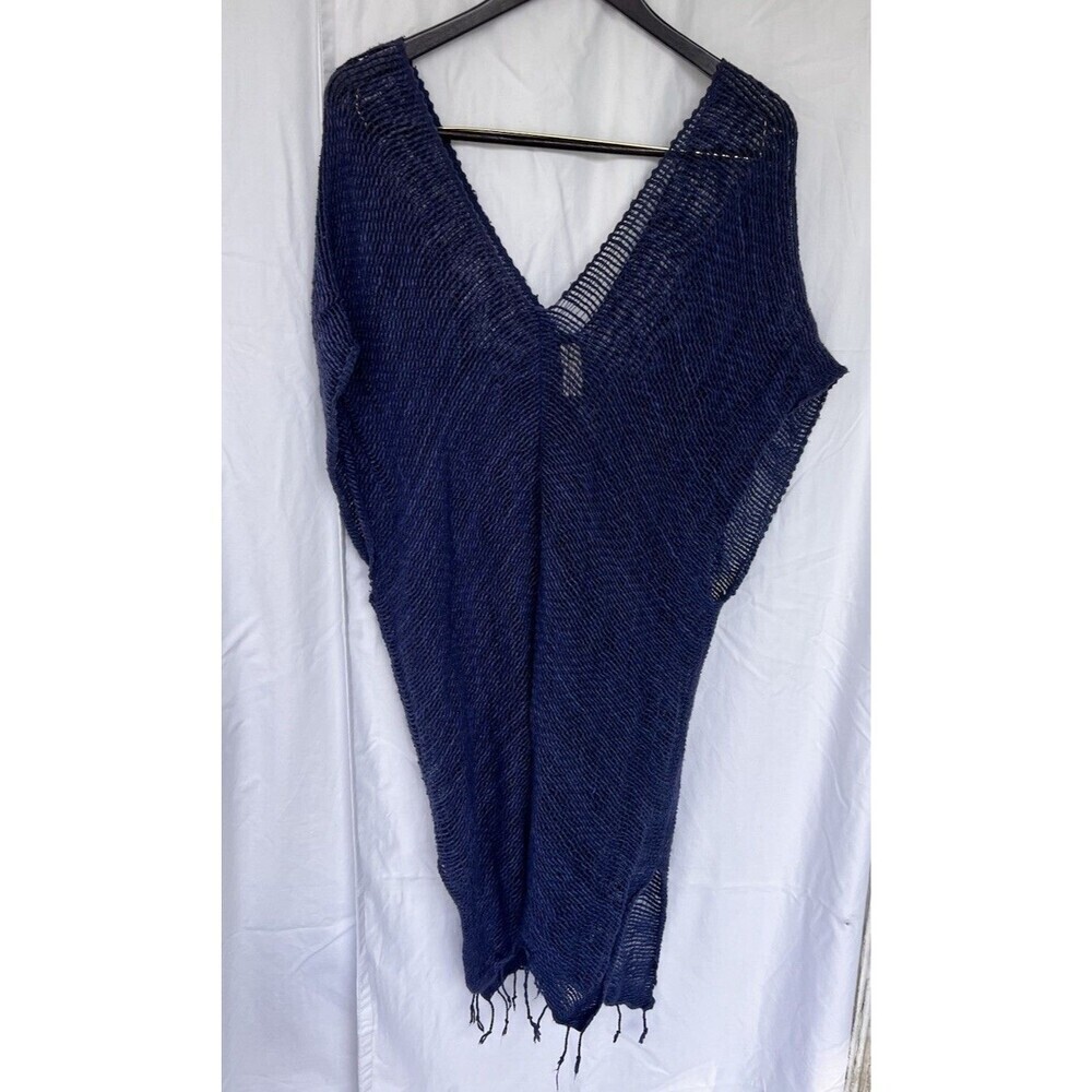 Monserat De Lucca Navy Open Weave Knit Tunic Cover-Up Fringe Hem Boho Resort OS